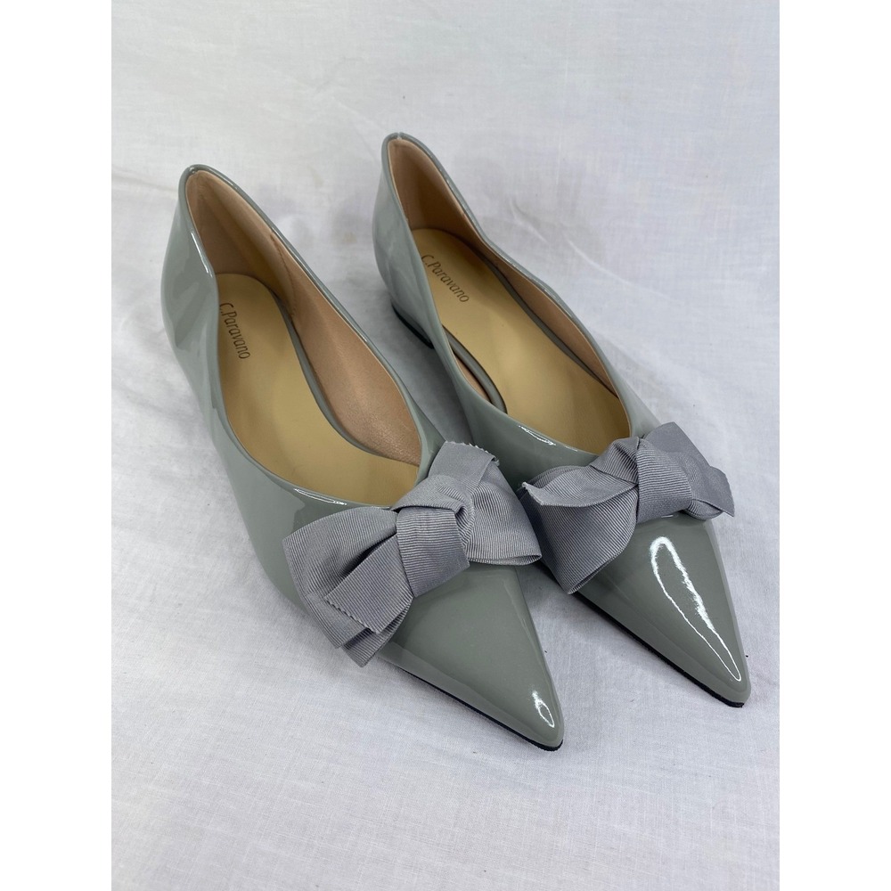 C.Paravano Grey Patent Pointed Toe Bow Flats Womens Size 42 Low Heel Shoes